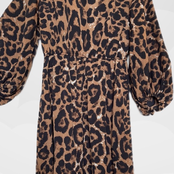 Leopard Print Cuffed Sleeve Cinched Waist Midi Dress - Picture 3 of 4